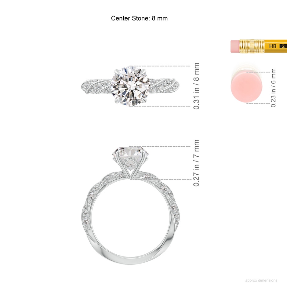 8mm IJI1I2 Round Diamond Twisted Rope Shank Engagement Ring in White Gold ruler