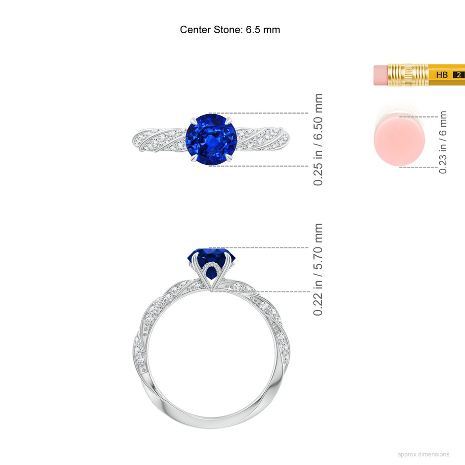 6.5mm Lab-Grown Round Blue Sapphire Twisted Rope Shank Engagement Ring in 18K White Gold ruler