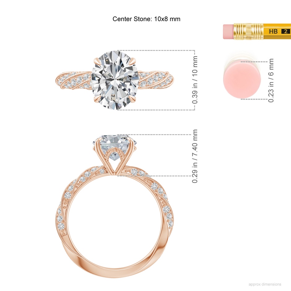 10x8mm HSI2 Oval Diamond Twisted Rope Shank Engagement Ring in Rose Gold ruler