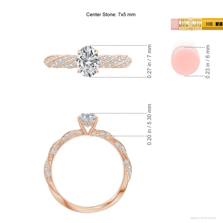 7x5mm HSI2 Oval Diamond Twisted Rope Shank Engagement Ring in Rose Gold ruler