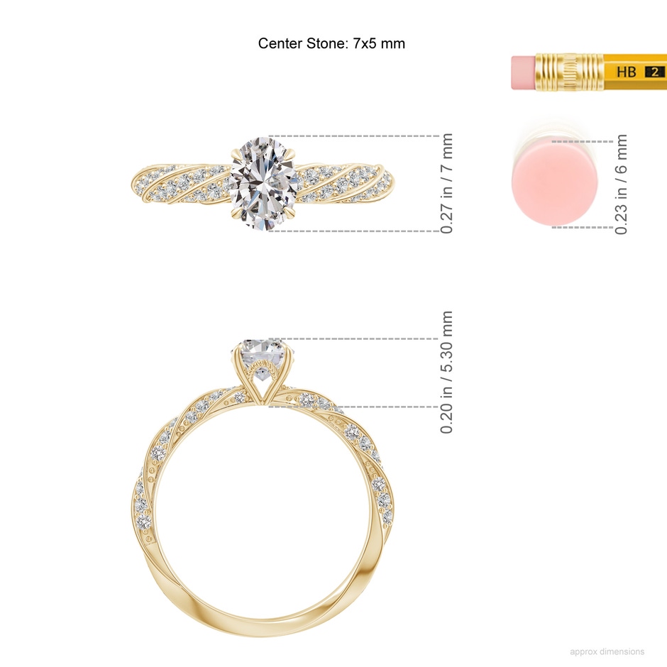 7x5mm IJI1I2 Oval Diamond Twisted Rope Shank Engagement Ring in Yellow Gold ruler