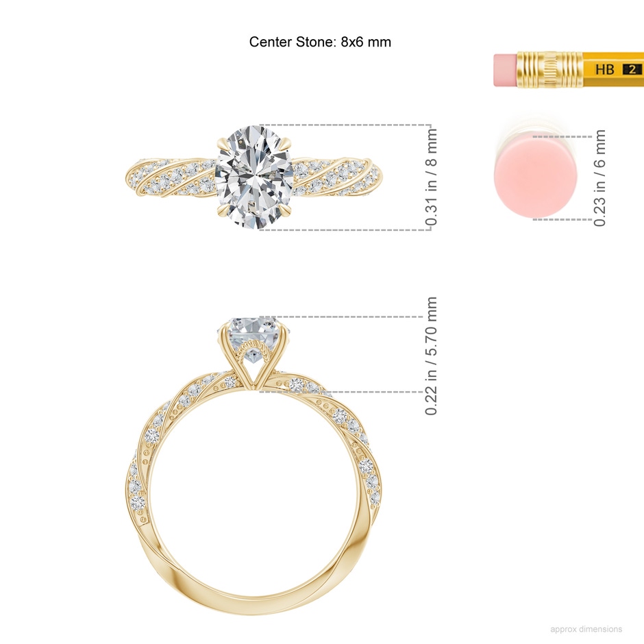 8x6mm HSI2 Oval Diamond Twisted Rope Shank Engagement Ring in Yellow Gold ruler