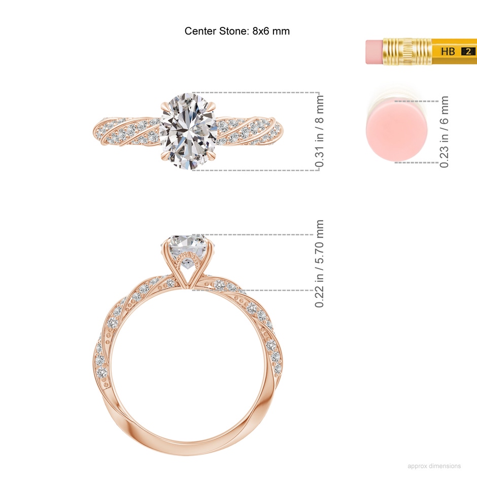 8x6mm IJI1I2 Oval Diamond Twisted Rope Shank Engagement Ring in Rose Gold ruler
