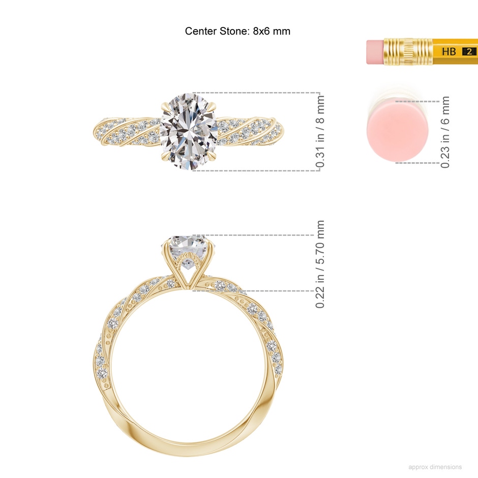 8x6mm IJI1I2 Oval Diamond Twisted Rope Shank Engagement Ring in Yellow Gold ruler
