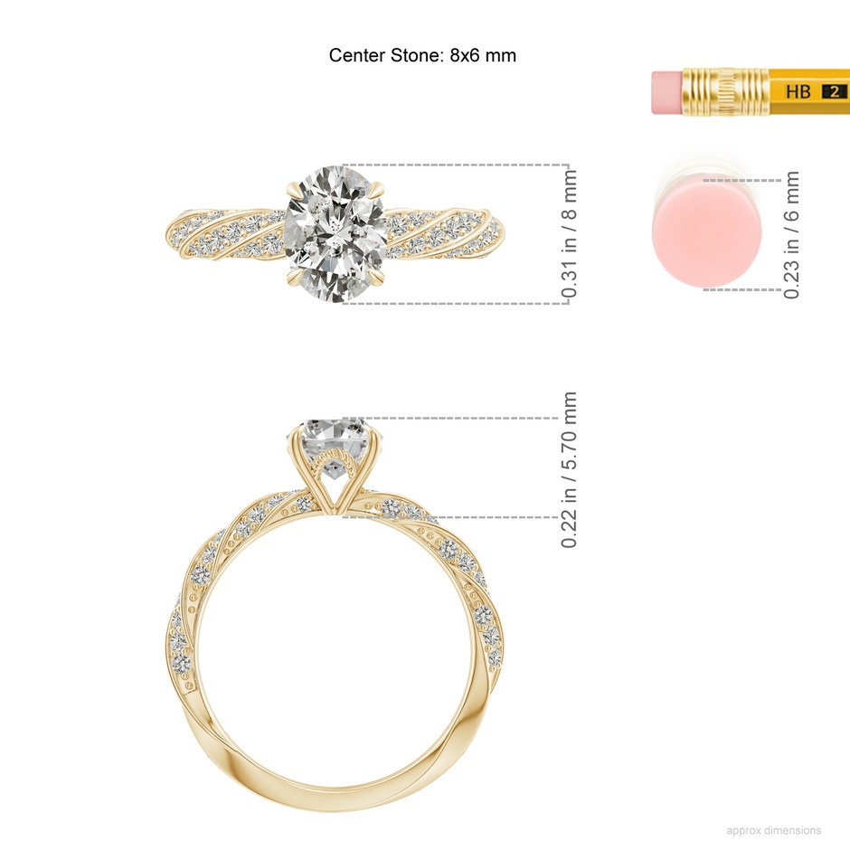 8x6mm KI3 Oval Diamond Twisted Rope Shank Engagement Ring in Yellow Gold ruler