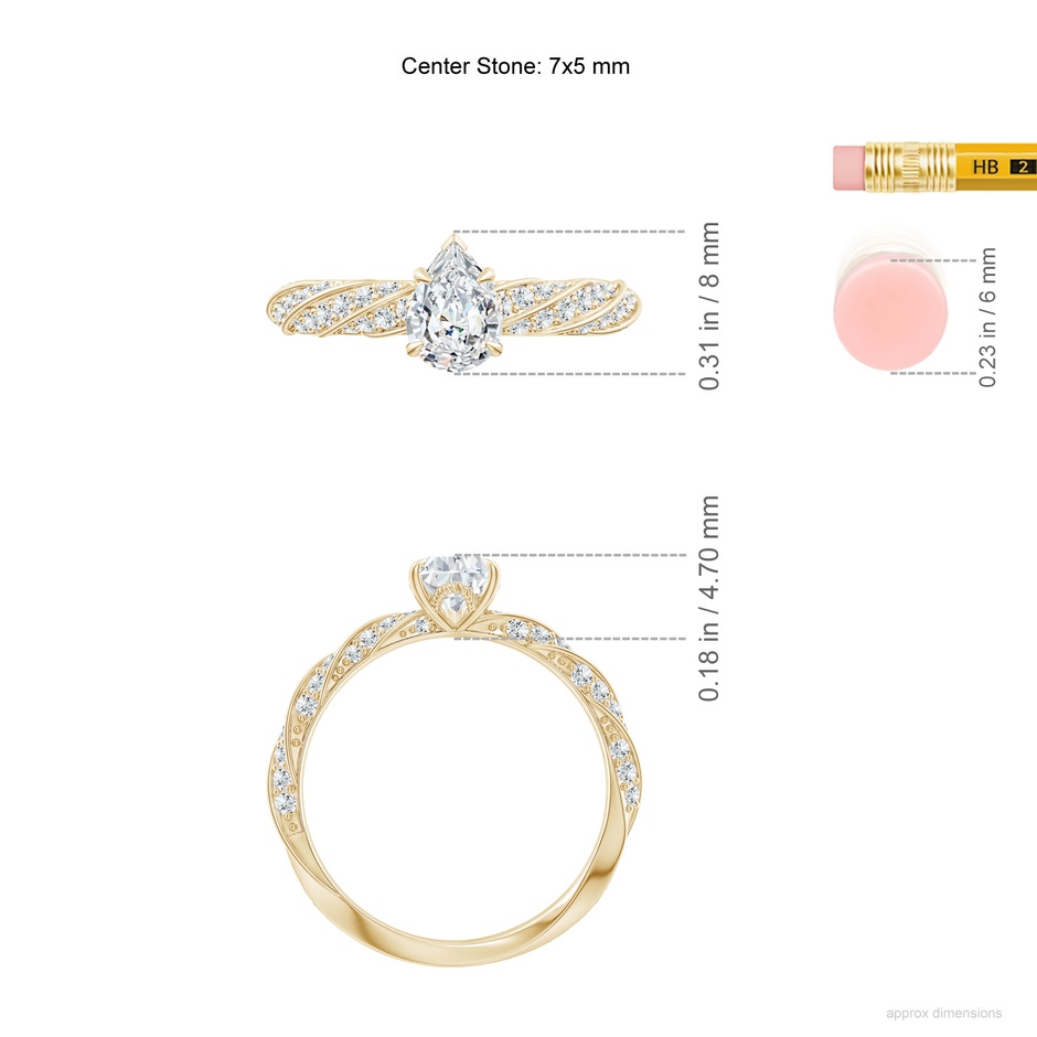 7x5mm GVS2 Pear Diamond Twisted Rope Shank Engagement Ring in Yellow Gold ruler