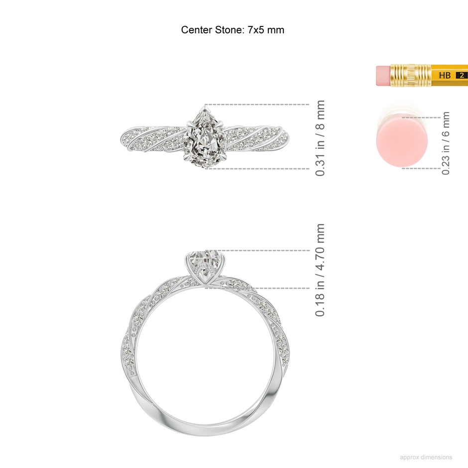 7x5mm KI3 Pear Diamond Twisted Rope Shank Engagement Ring in White Gold ruler