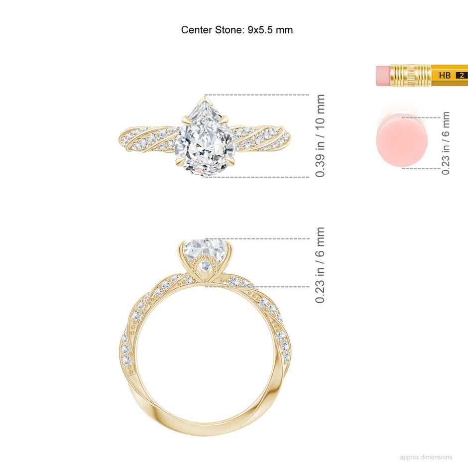 9x5.5mm GVS2 Pear Diamond Twisted Rope Shank Engagement Ring in Yellow Gold ruler