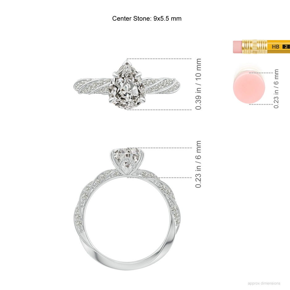 9x5.5mm KI3 Pear Diamond Twisted Rope Shank Engagement Ring in White Gold ruler