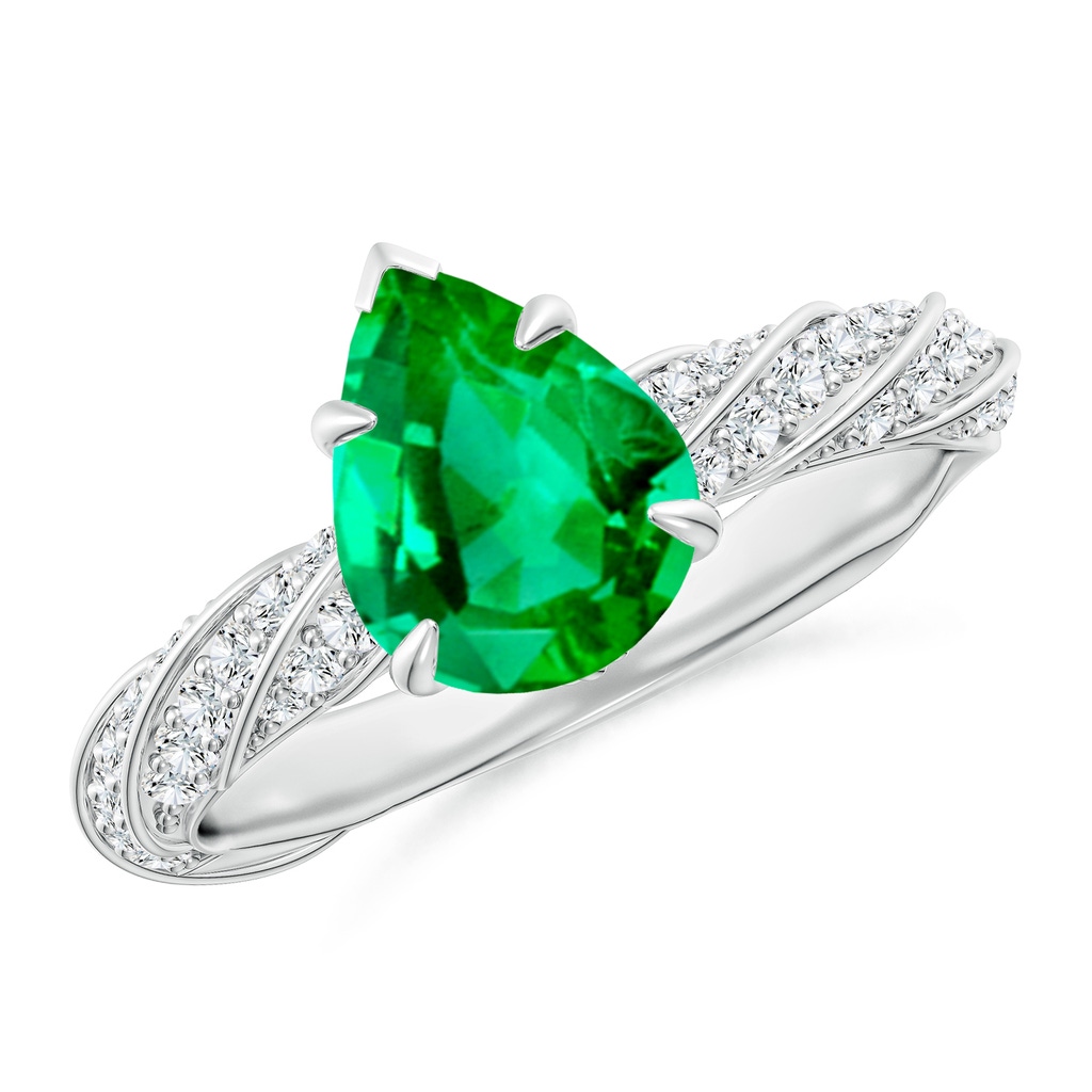 9x7mm AAA Pear Emerald Twisted Rope Shank Engagement Ring in White Gold