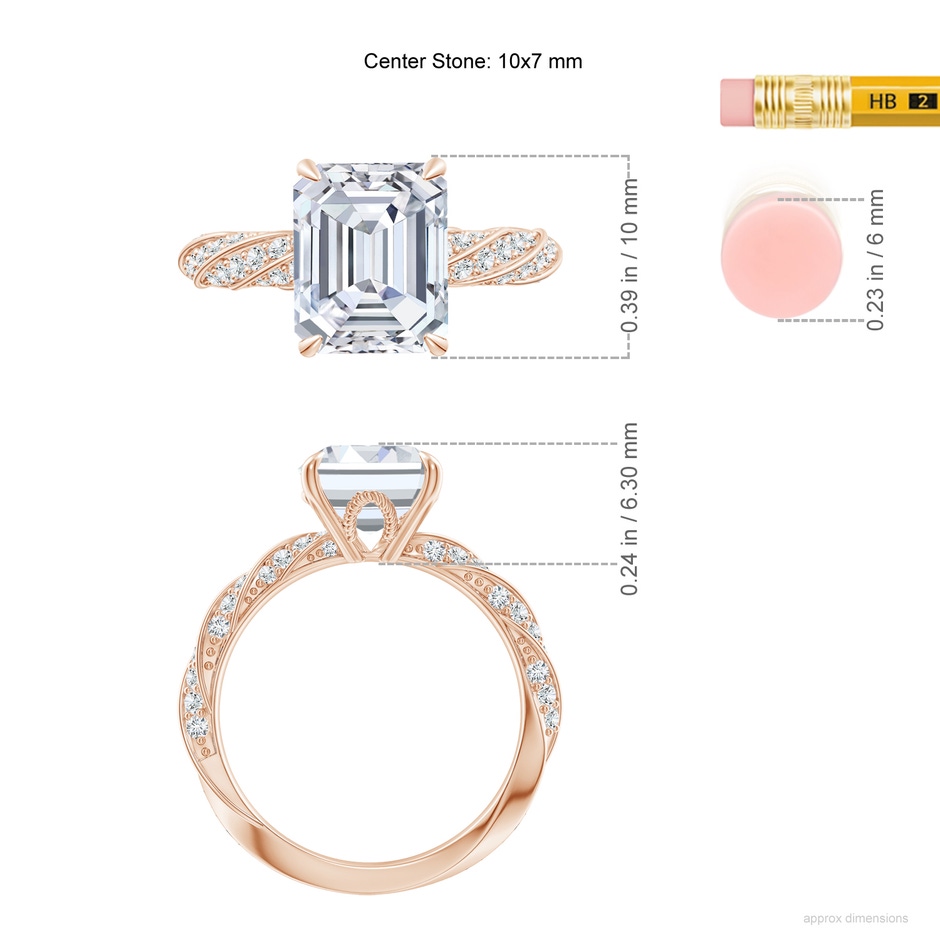 10x7mm GVS2 Emerald-Cut Diamond Twisted Rope Shank Engagement Ring in Rose Gold ruler