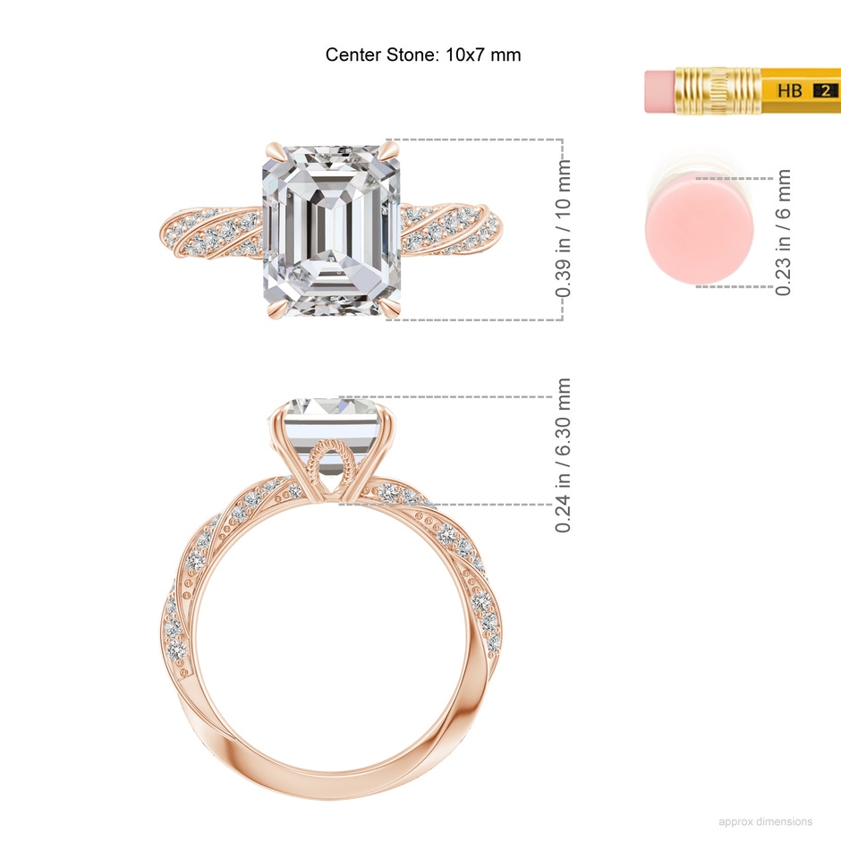 10x7mm IJI1I2 Emerald-Cut Diamond Twisted Rope Shank Engagement Ring in Rose Gold ruler