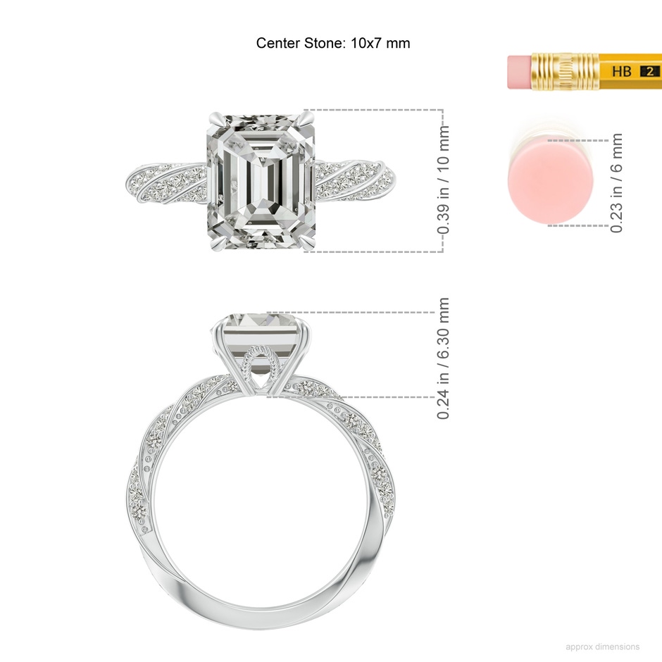 10x7mm KI3 Emerald-Cut Diamond Twisted Rope Shank Engagement Ring in P950 Platinum ruler