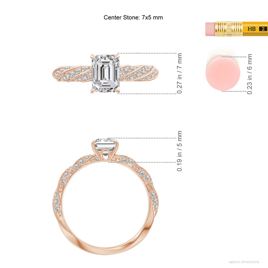 7x5mm IJI1I2 Emerald-Cut Diamond Twisted Rope Shank Engagement Ring in Rose Gold ruler