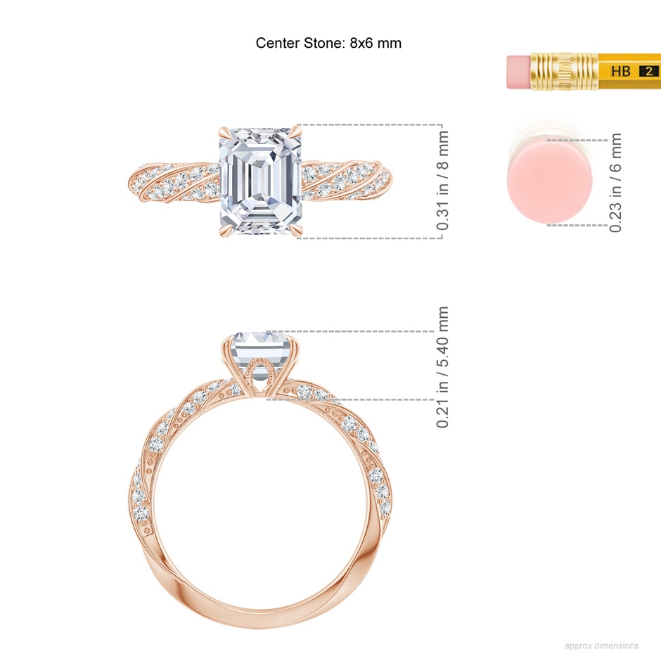 8x6mm GVS2 Emerald-Cut Diamond Twisted Rope Shank Engagement Ring in Rose Gold ruler