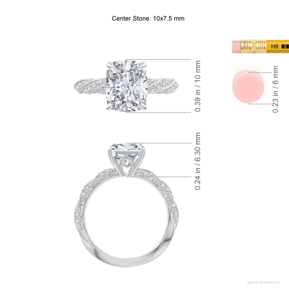 10x7.5mm HSI2 Cushion Rectangular Diamond Twisted Rope Shank Engagement Ring in 10K White Gold ruler