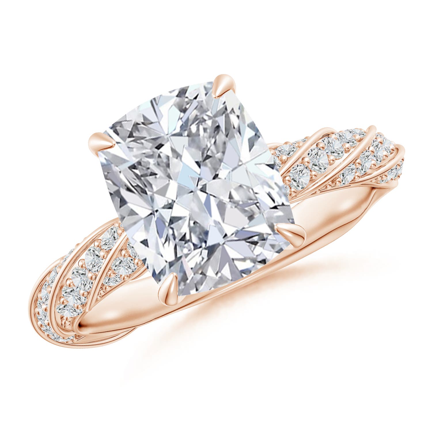 10x7.5mm HSI2 Cushion Rectangular Diamond Twisted Rope Shank Engagement Ring in 18K Rose Gold