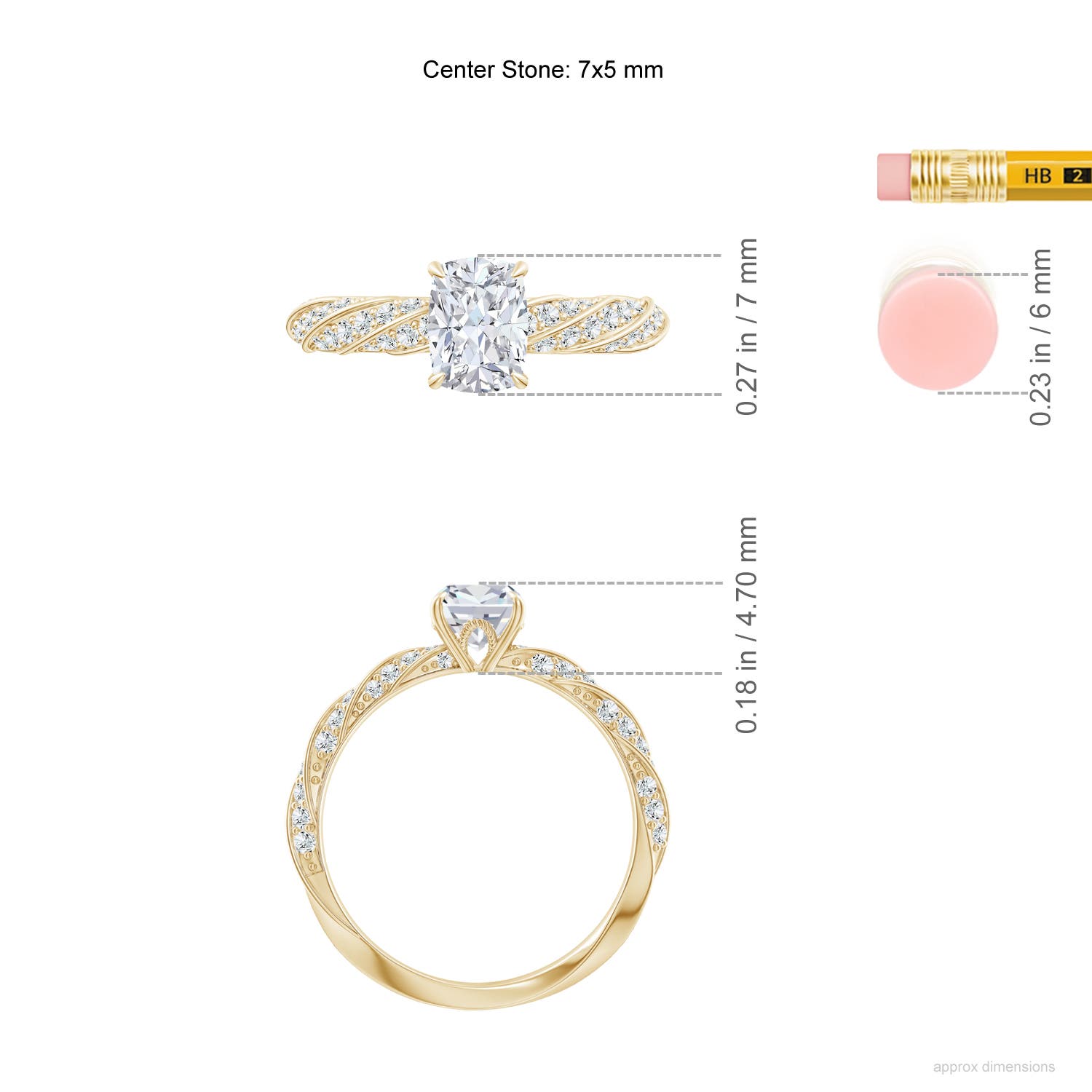 7x5mm GVS2 Cushion Rectangular Diamond Twisted Rope Shank Engagement Ring in Yellow Gold - ruler