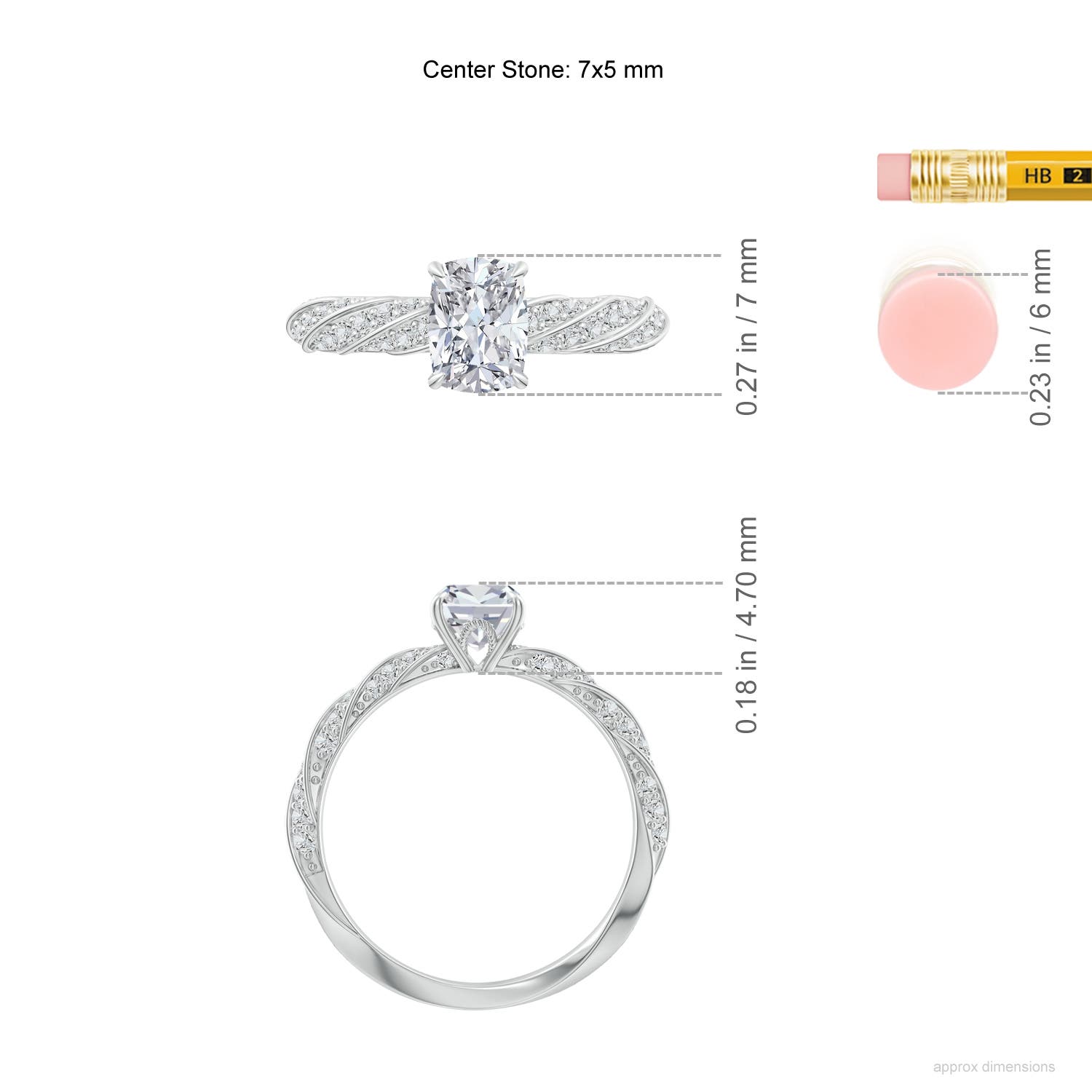 7x5mm HSI2 Cushion Rectangular Diamond Twisted Rope Shank Engagement Ring in White Gold - ruler