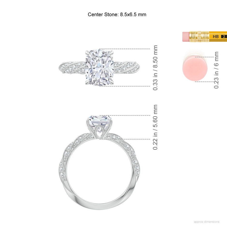 8.5x6.5mm GVS2 Cushion Rectangular Diamond Twisted Rope Shank Engagement Ring in P950 Platinum ruler