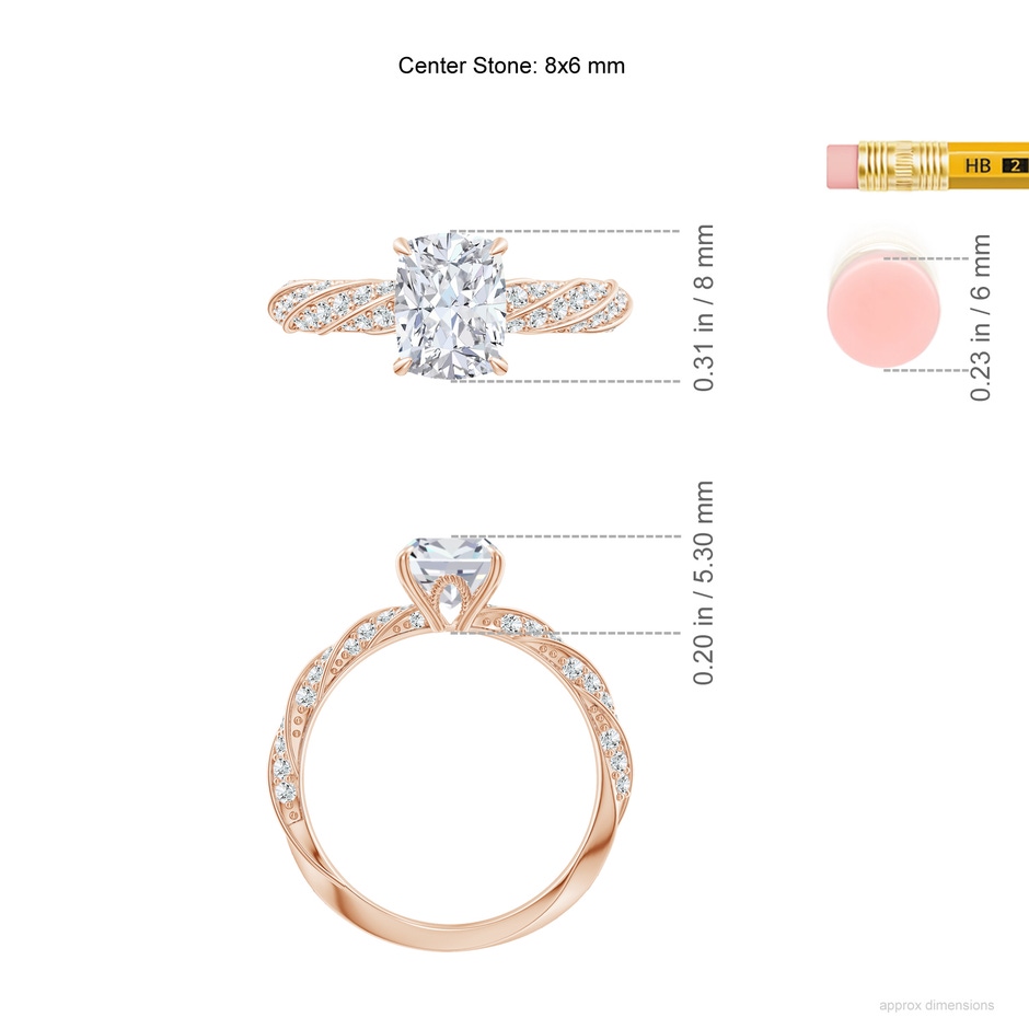 8x6mm GVS2 Cushion Rectangular Diamond Twisted Rope Shank Engagement Ring in 18K Rose Gold ruler
