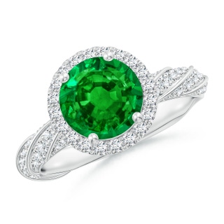 8mm AAAA Round Emerald Halo Twisted Rope Shank Engagement Ring in P950 Platinum