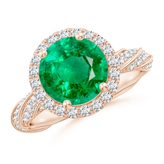 9mm AAA Round Emerald Halo Twisted Rope Shank Engagement Ring in 9K Rose Gold