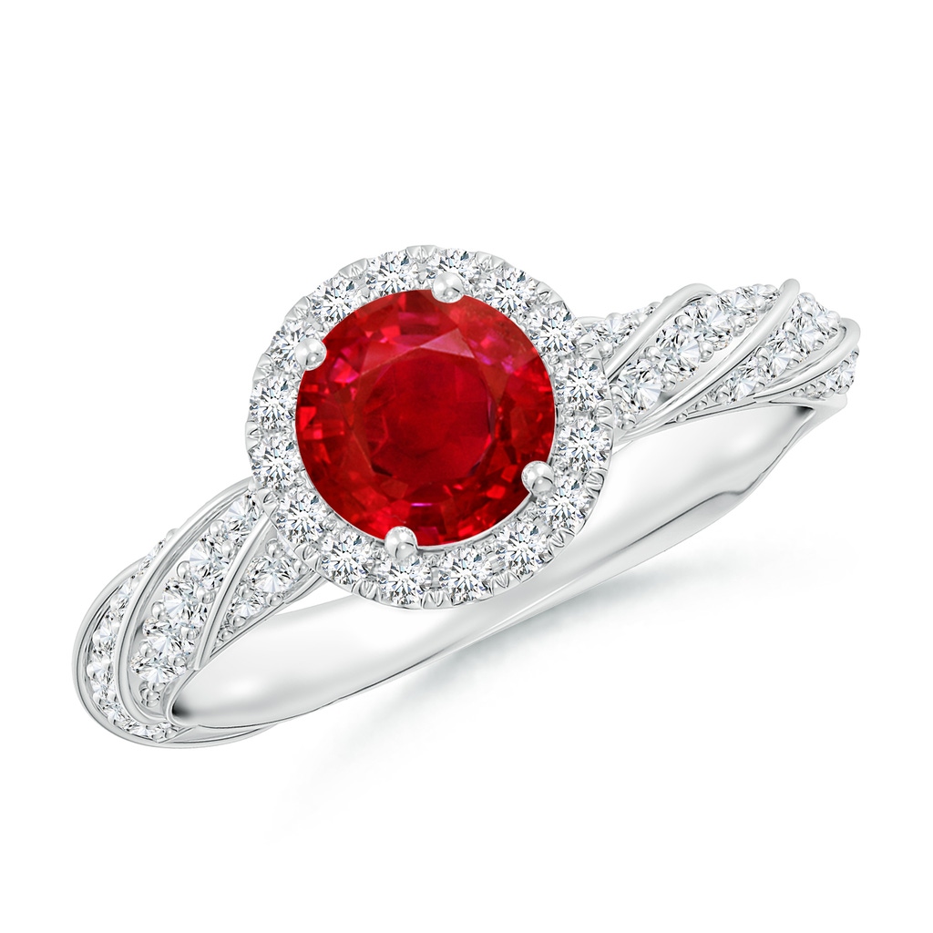 6mm AAA Round Ruby Halo Twisted Rope Shank Engagement Ring in White Gold