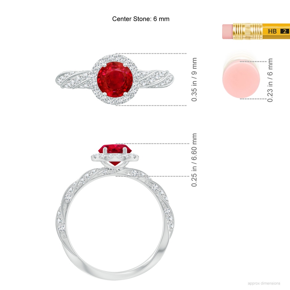 6mm AAA Round Ruby Halo Twisted Rope Shank Engagement Ring in White Gold ruler