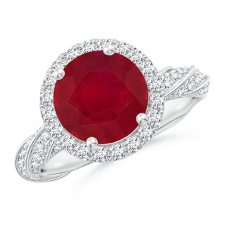 9mm AA Round Ruby Halo Twisted Rope Shank Engagement Ring in White Gold