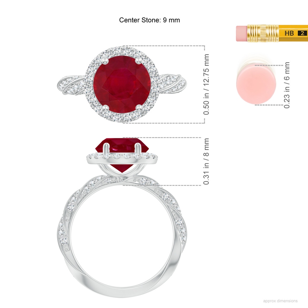 9mm AA Round Ruby Halo Twisted Rope Shank Engagement Ring in White Gold ruler