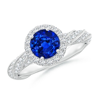 6.5mm AAAA Round Blue Sapphire Halo Twisted Rope Shank Engagement Ring in P950 Platinum