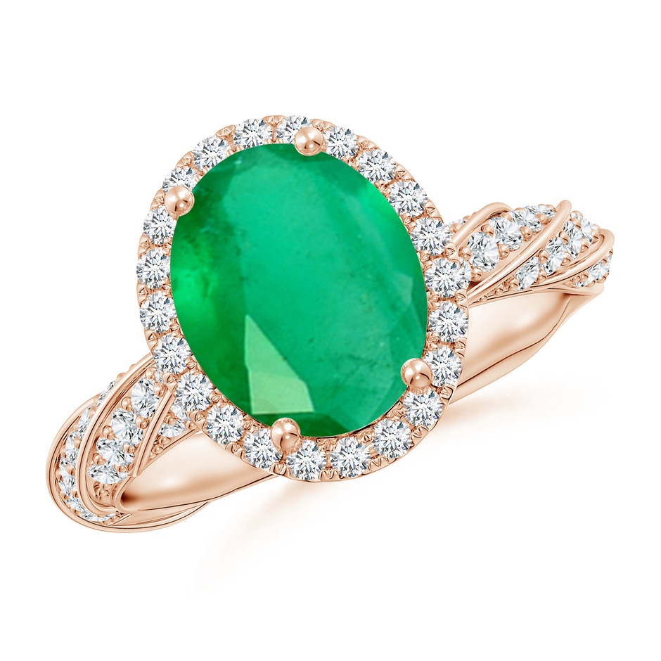 10x8mm A Oval Emerald Halo Twisted Rope Shank Engagement Ring in Rose Gold 