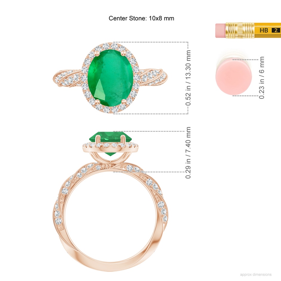 10x8mm A Oval Emerald Halo Twisted Rope Shank Engagement Ring in Rose Gold ruler