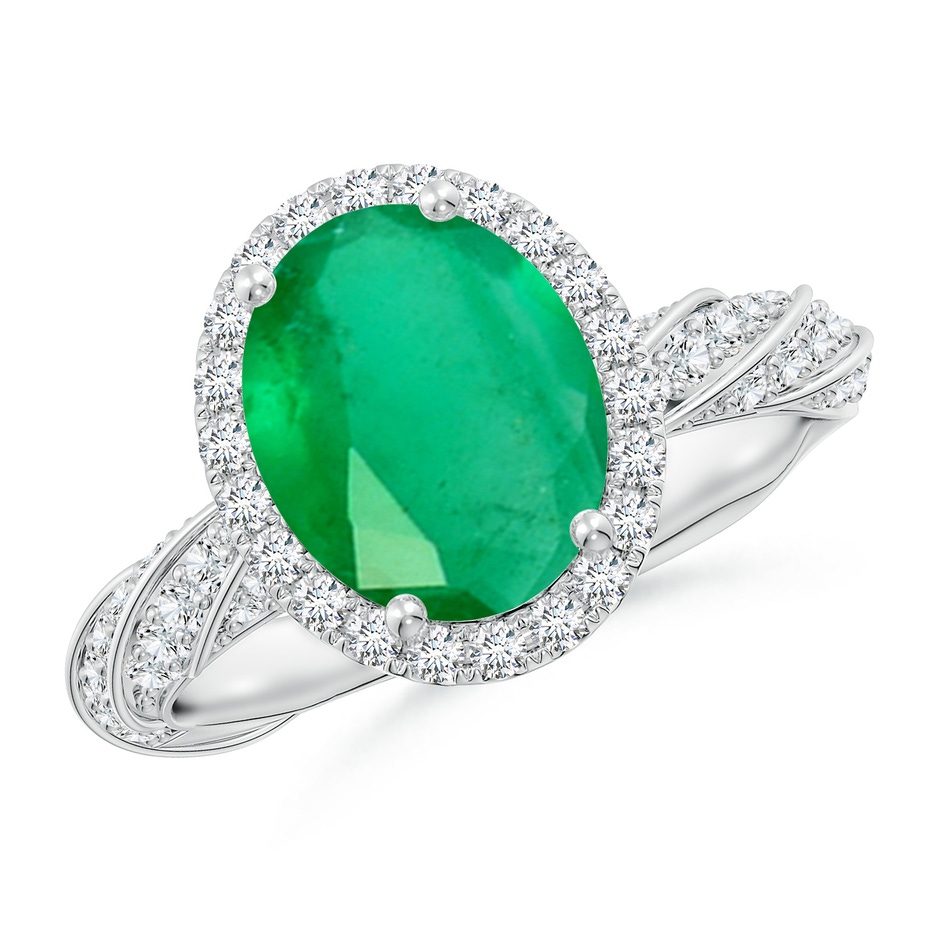 10x8mm A Oval Emerald Halo Twisted Rope Shank Engagement Ring in White Gold 