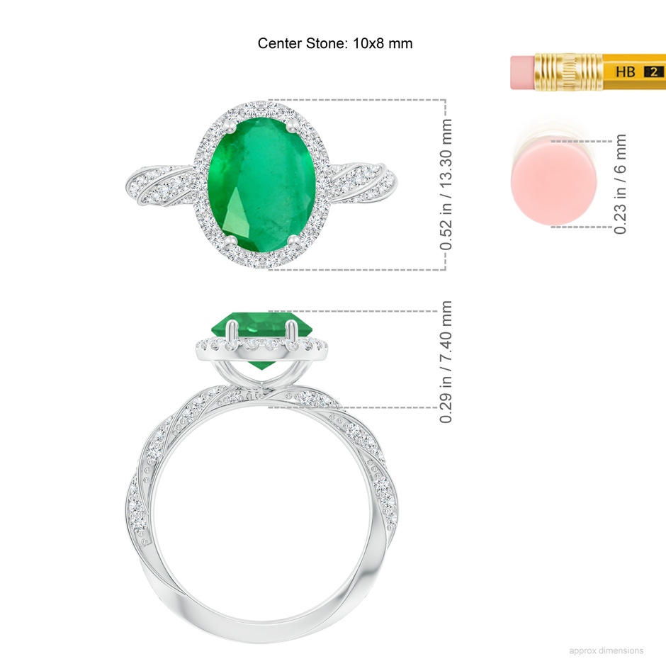 10x8mm A Oval Emerald Halo Twisted Rope Shank Engagement Ring in White Gold ruler
