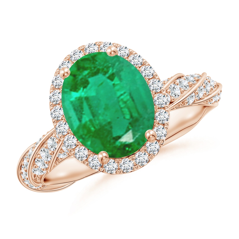 10x8mm AA Oval Emerald Halo Twisted Rope Shank Engagement Ring in Rose Gold 