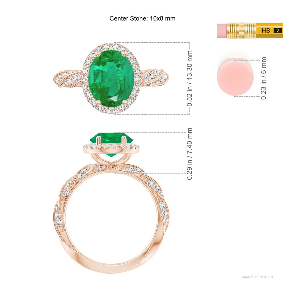 10x8mm AA Oval Emerald Halo Twisted Rope Shank Engagement Ring in Rose Gold ruler