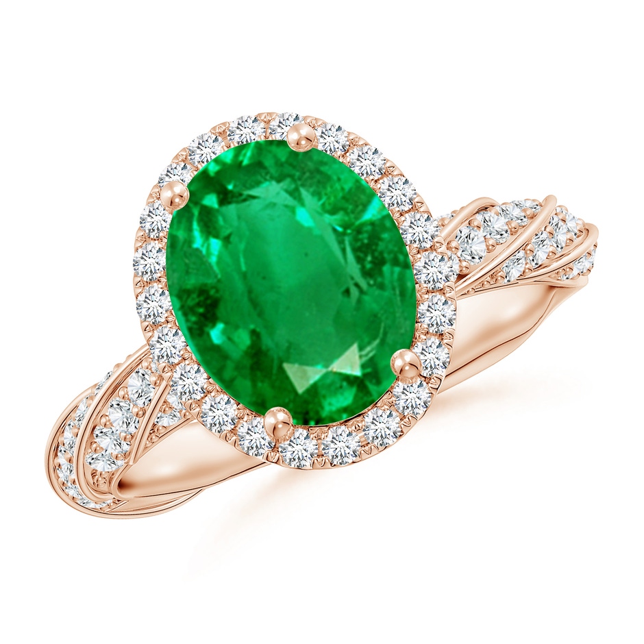 10x8mm AAA Oval Emerald Halo Twisted Rope Shank Engagement Ring in Rose Gold 