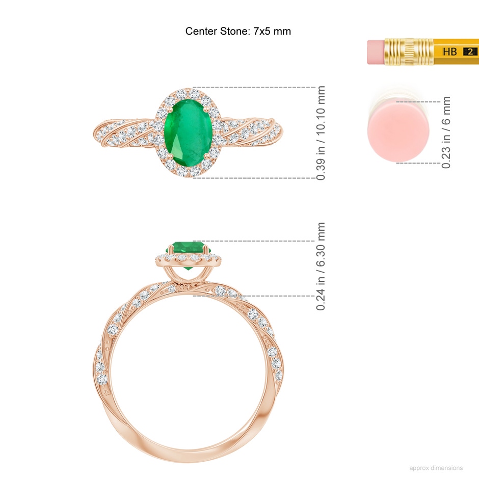 7x5mm A Oval Emerald Halo Twisted Rope Shank Engagement Ring in Rose Gold ruler