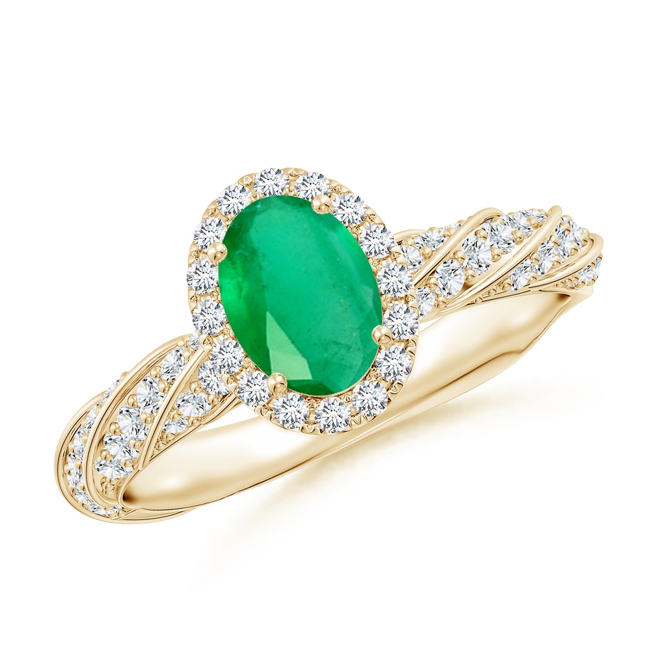7x5mm A Oval Emerald Halo Twisted Rope Shank Engagement Ring in Yellow Gold 