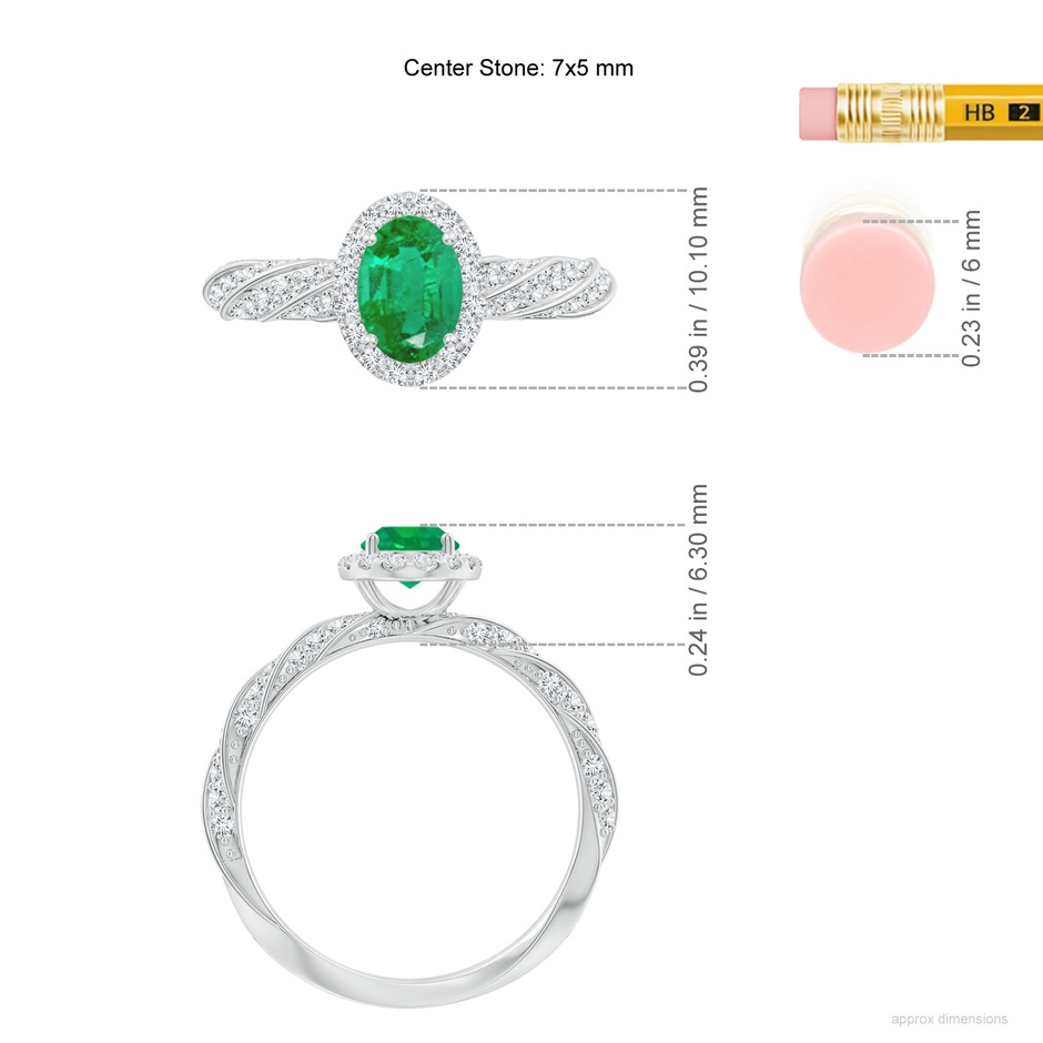 7x5mm AA Oval Emerald Halo Twisted Rope Shank Engagement Ring in White Gold ruler