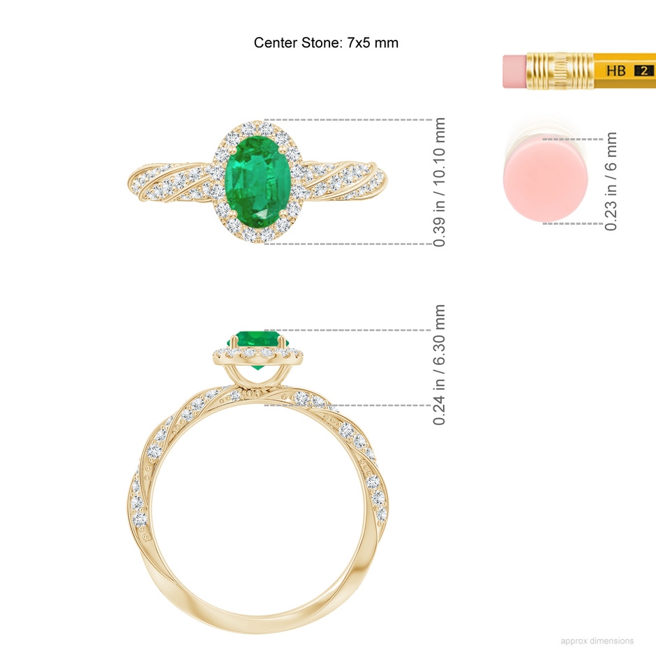 7x5mm AA Oval Emerald Halo Twisted Rope Shank Engagement Ring in Yellow Gold ruler