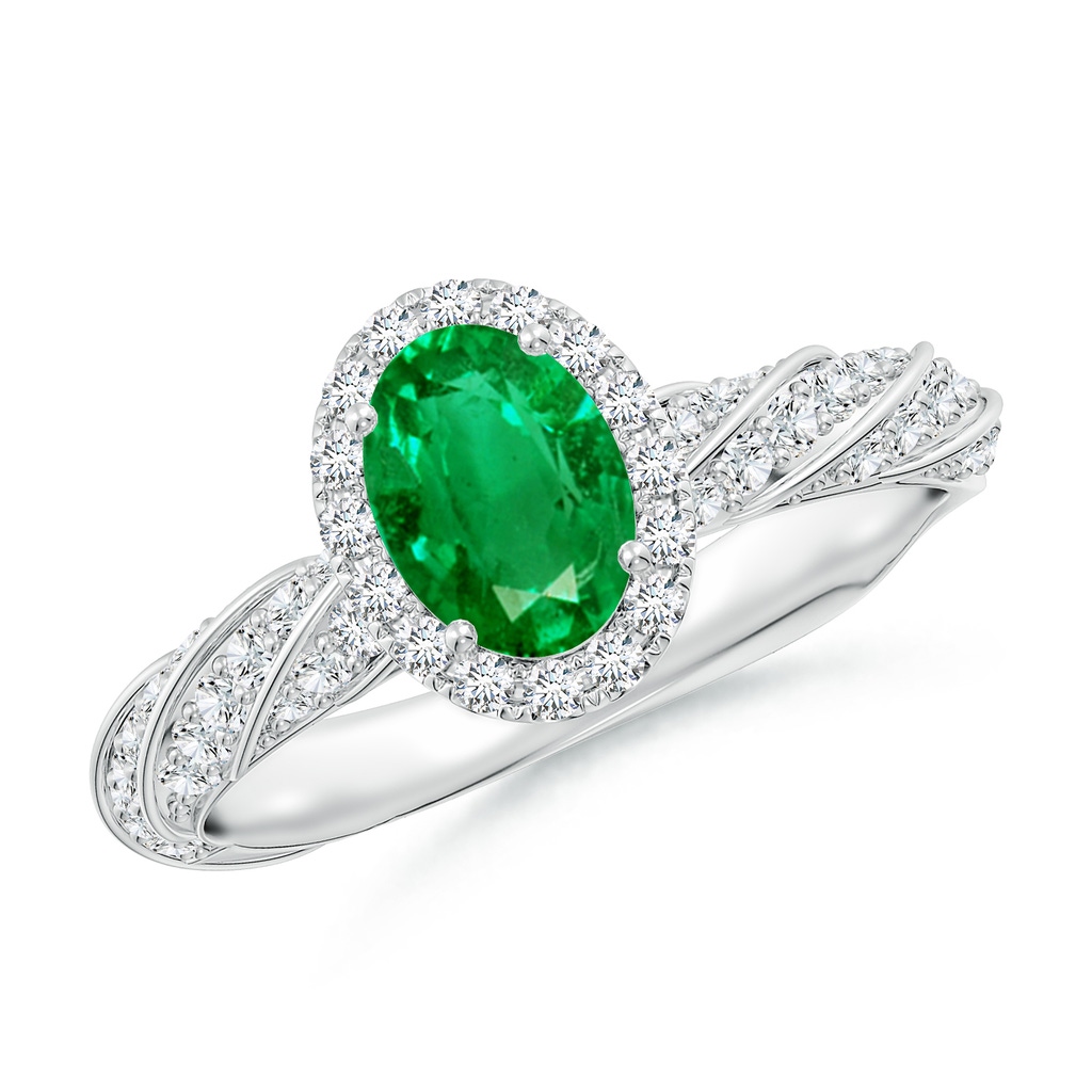 7x5mm AAA Oval Emerald Halo Twisted Rope Shank Engagement Ring in 18K White Gold