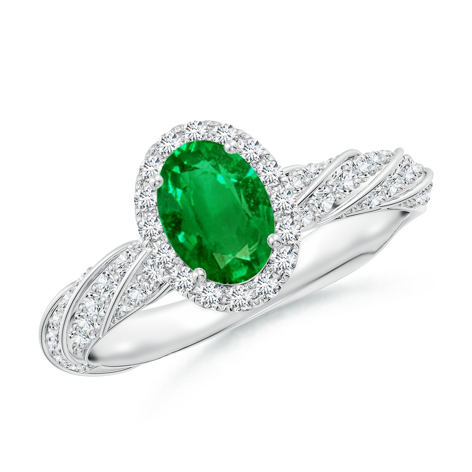 7x5mm AAAA Oval Emerald Halo Twisted Rope Shank Engagement Ring in P950 Platinum 
