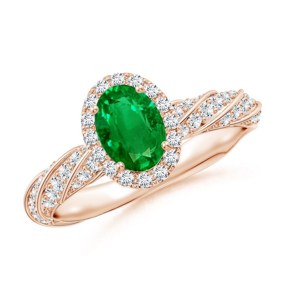 7x5mm AAAA Oval Emerald Halo Twisted Rope Shank Engagement Ring in Rose Gold 