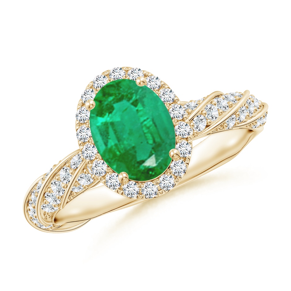 8x6mm AA Oval Emerald Halo Twisted Rope Shank Engagement Ring in Yellow Gold 