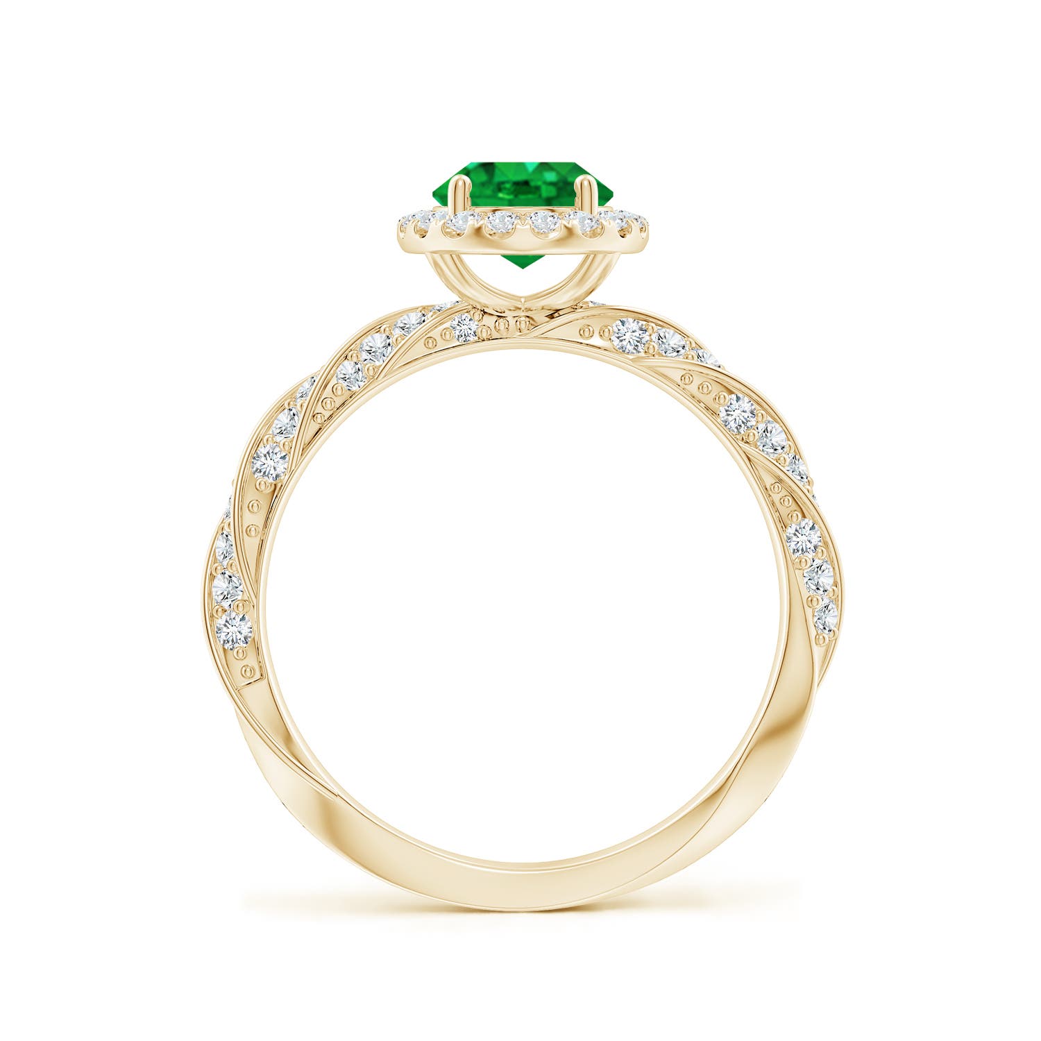 8x6mm AAA Oval Emerald Halo Twisted Rope Shank Engagement Ring in Yellow Gold