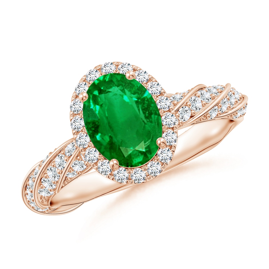 8x6mm AAAA Oval Emerald Halo Twisted Rope Shank Engagement Ring in 18K Rose Gold 