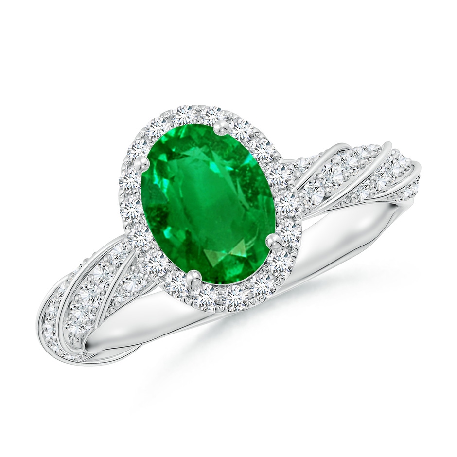 8x6mm AAAA Oval Emerald Halo Twisted Rope Shank Engagement Ring in P950 Platinum 